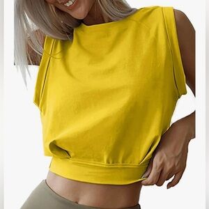 Yellow Sleeveless Crop Top Pleated Cinched Waist